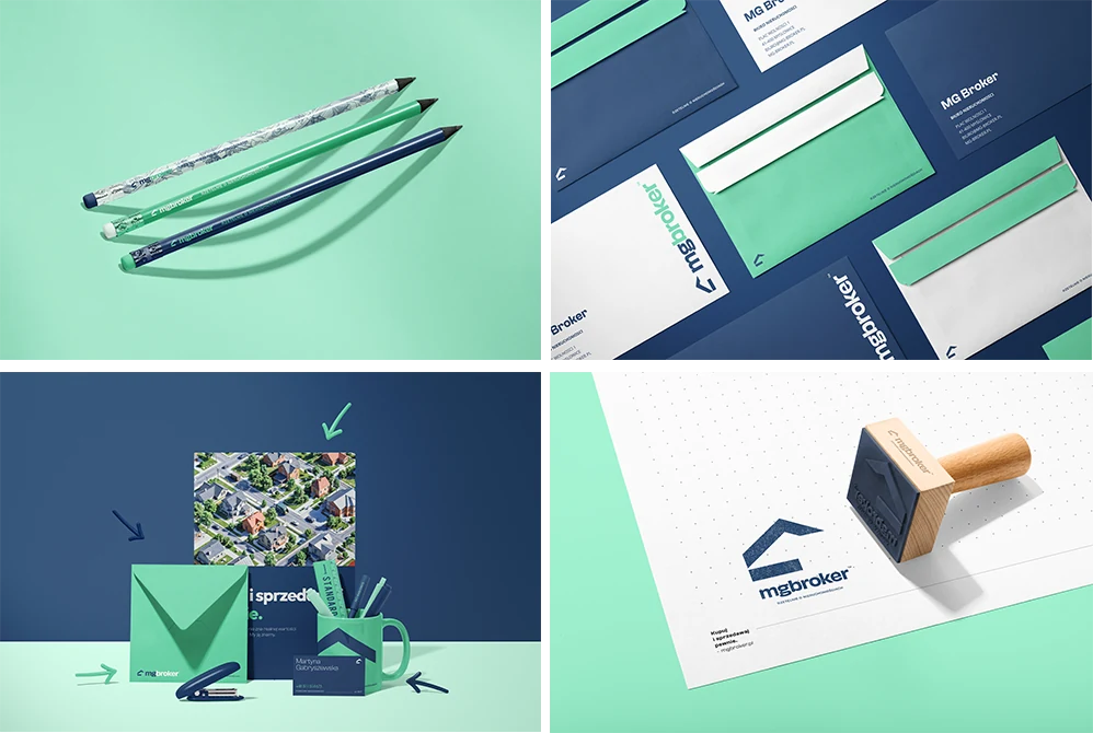 Pencils, stationery flat-lay, a branding-objects scene and a wooden stamp, all carrying the MG Broker mark.