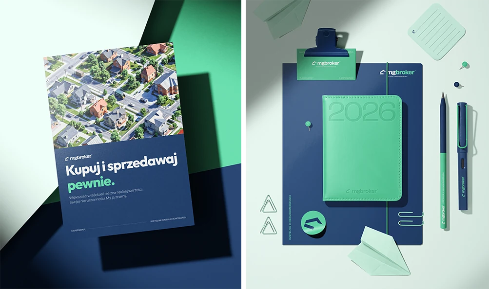 A poster card and a leather calendar with folder and business card in the MG Broker palette.
