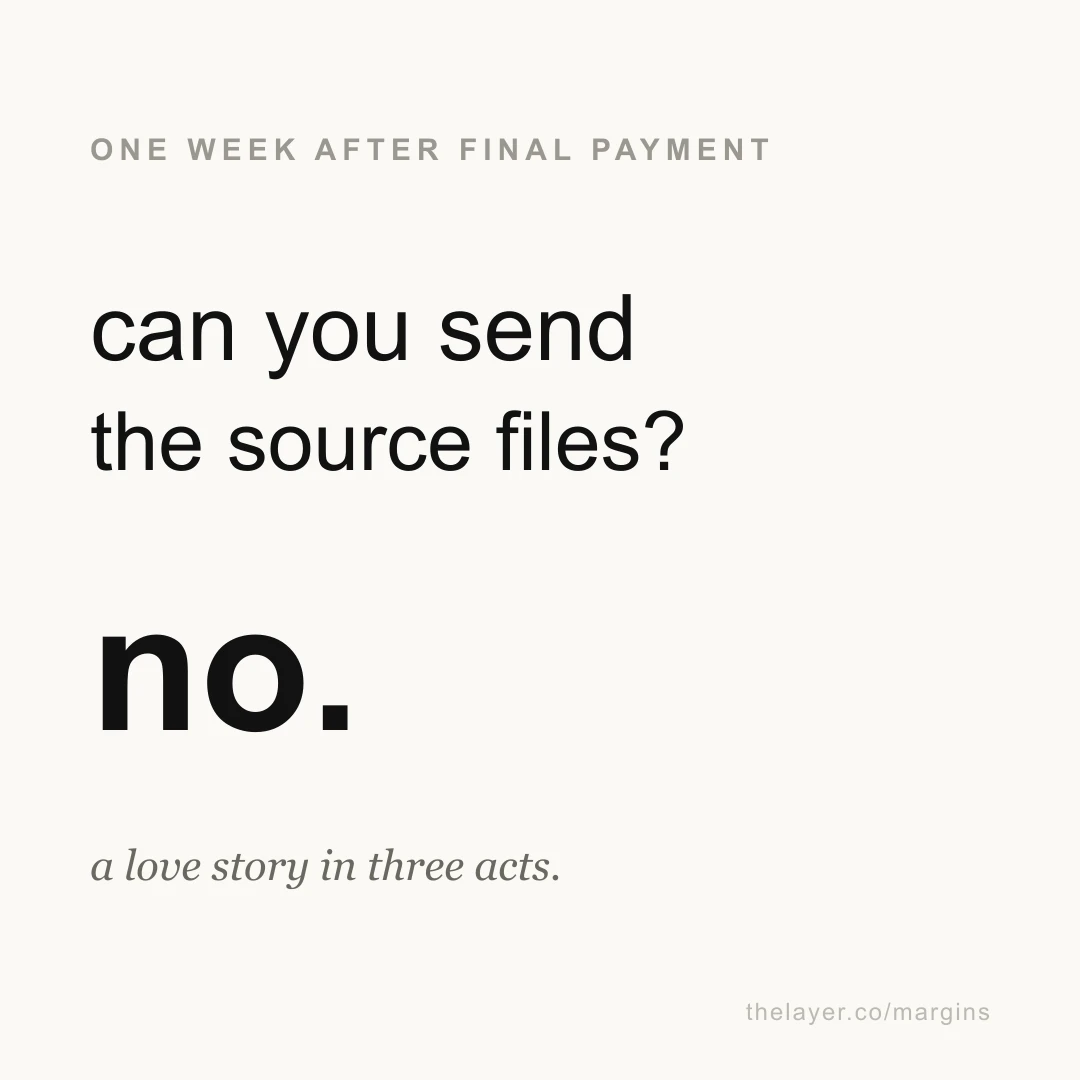 Text reading 'can you send the source files?' answered by a large 'no.' under the label 'one week after final payment' and the line 'a love story in three acts.'